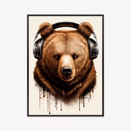 Poster med ram - Portrait of a bear in headphones