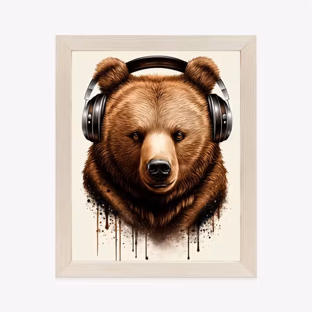 Poster med ram - Portrait of a bear in headphones
