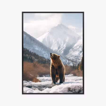 Poster med ram - Grizzly bear in front of a snowy