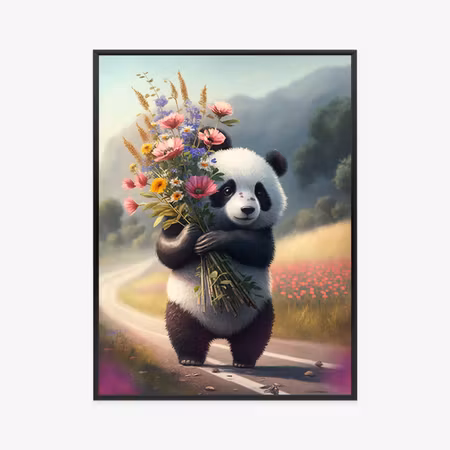 Poster med ram - Panda holding flowers