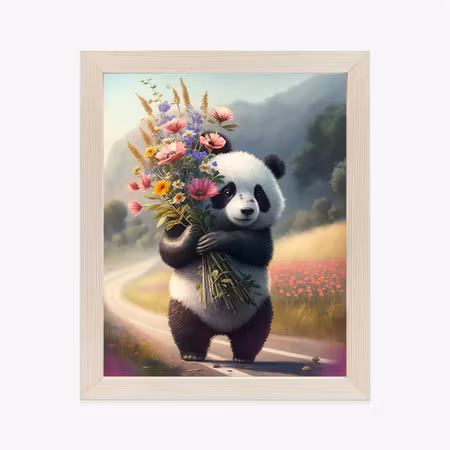 Poster med ram - Panda holding flowers