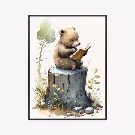 Poster med ram - A bear reading fairy tales on a