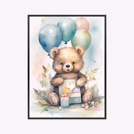 Poster med ram - A bear with a bunch of balloons
