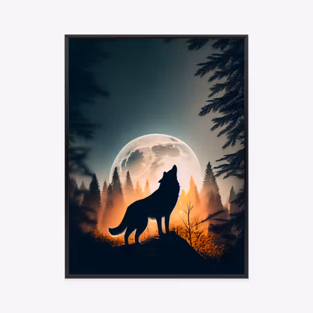 Poster med ram - A wolf howling on a rock by the
