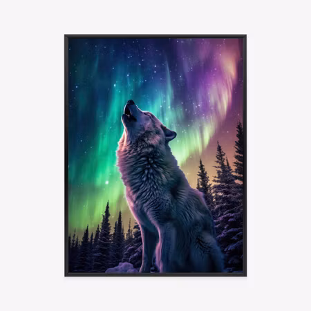 Poster med ram - Howling wolf and northern lights