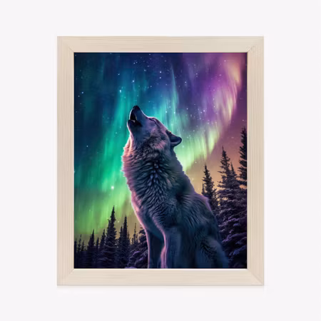 Poster med ram - Howling wolf and northern lights