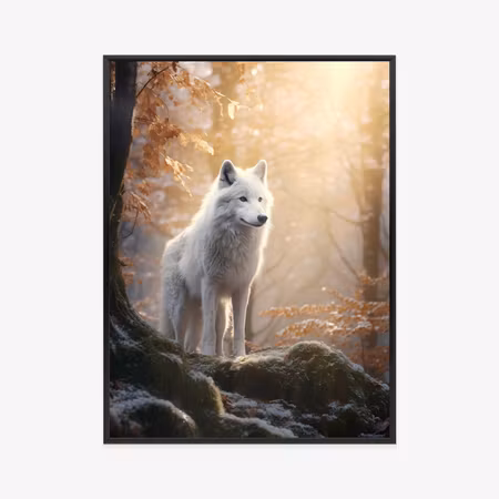 Poster med ram - White wolf standing on a rock in