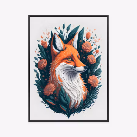 Poster med ram - Fox on the background of flowers