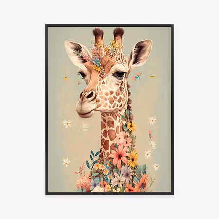 Poster med ram - Giraffe in flowers