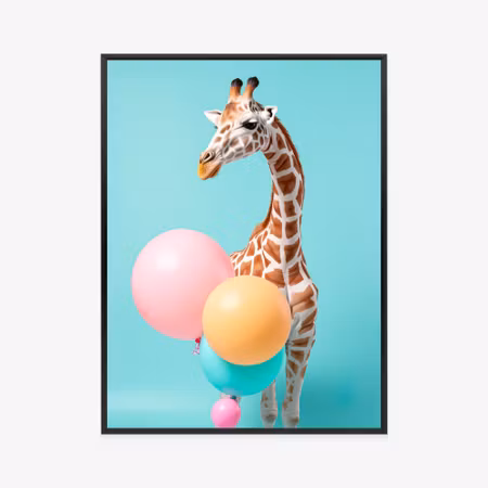 Poster med ram - Giraffe with balloons