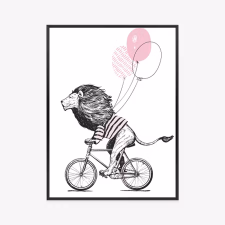 Poster med ram - A lion in a t-shirt on a bike