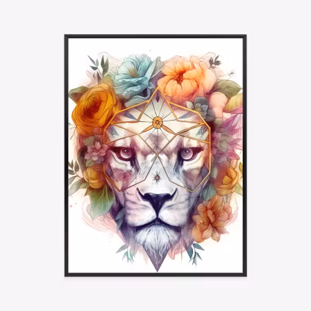 Poster med ram - A lion in a flower wreath