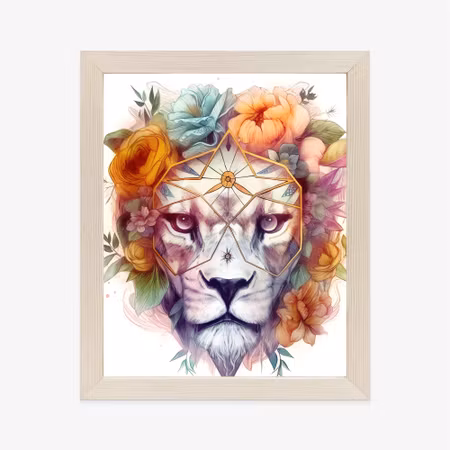 Poster med ram - A lion in a flower wreath
