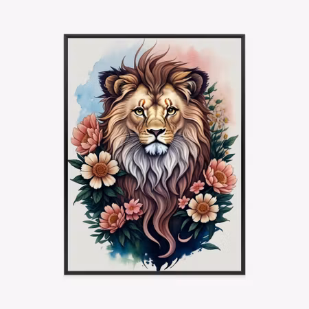 Poster med ram - Flowers and a lion with a mane
