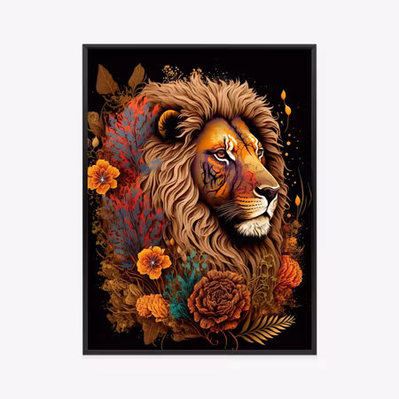 Poster med ram - A lion decorated with flowers