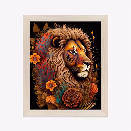 Poster med ram - A lion decorated with flowers