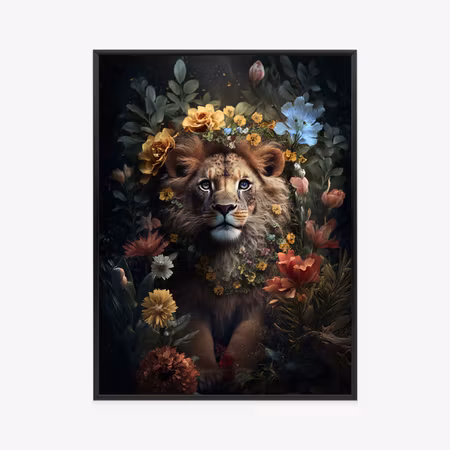 Poster med ram - Portrait of a lion among flowers
