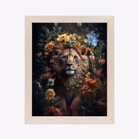 Poster med ram - Portrait of a lion among flowers