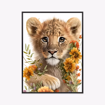 Poster med ram - Portrait of a lion cub in flowers