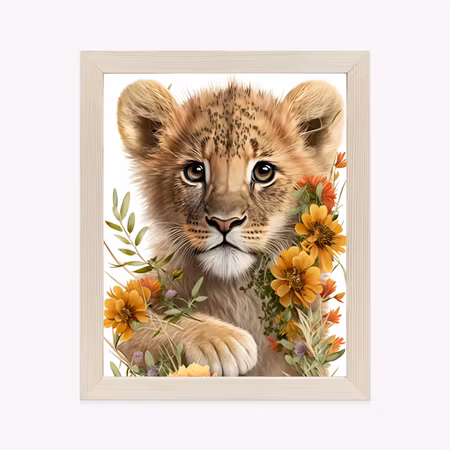 Poster med ram - Portrait of a lion cub in flowers