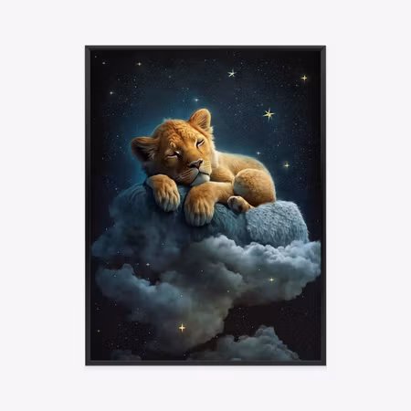 Poster med ram - A lion sleeping on a cloud