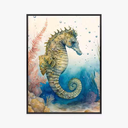 Poster med ram - Watercolor plants and seahorse
