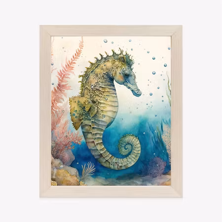 Poster med ram - Watercolor plants and seahorse
