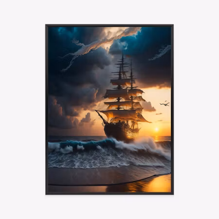 Poster med ram - Ship at sea at sunset