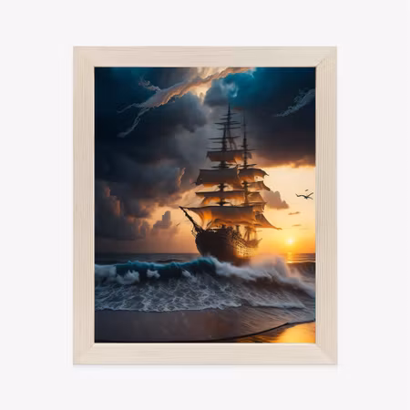 Poster med ram - Ship at sea at sunset
