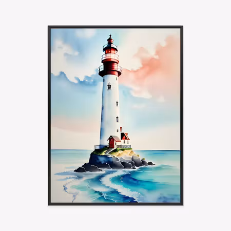 Poster med ram - Lighthouse and watercolor sea