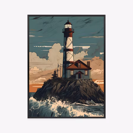 Poster med ram - Lighthouse and rough waves