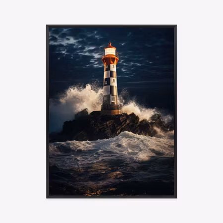 Poster med ram - Lighthouse and rough sea at night