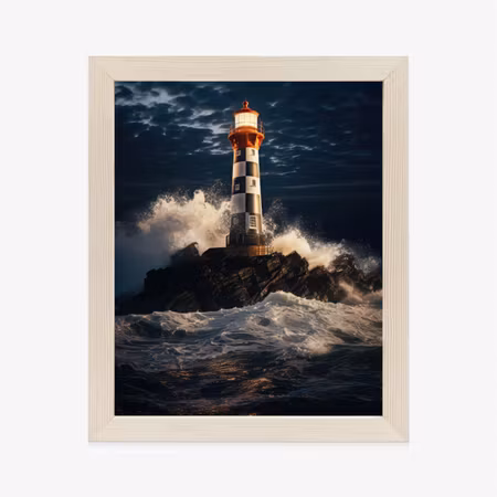 Poster med ram - Lighthouse and rough sea at night