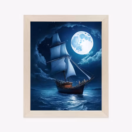 Poster med ram - Ship on calm sea and full moon