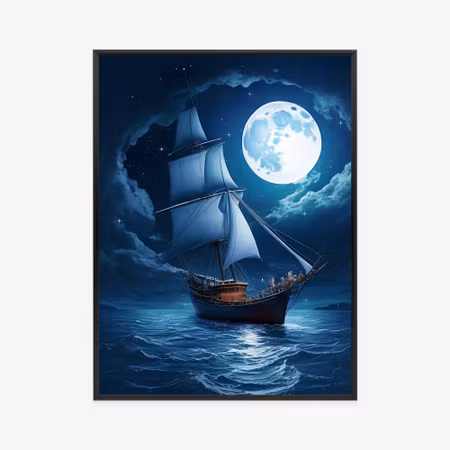 Poster med ram - Ship on calm sea and full moon