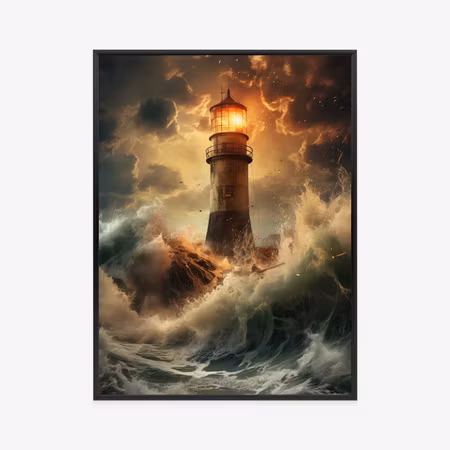 Poster med ram - A lighthouse during a storm