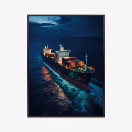 Poster med ram - Cargo ship in sea waters at night