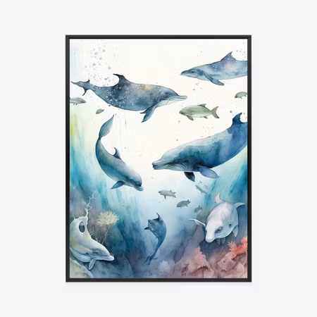 Poster med ram - Dolphins in the sea depth