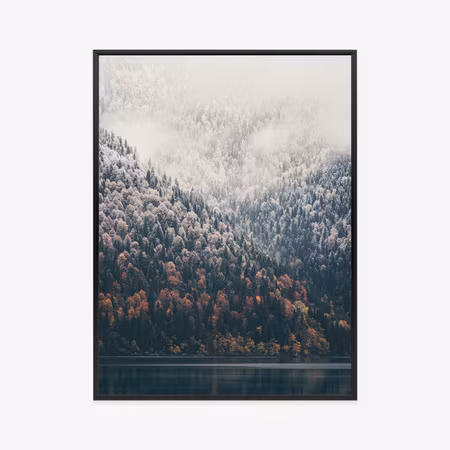 Poster med ram - Misty autumn forest by the lake