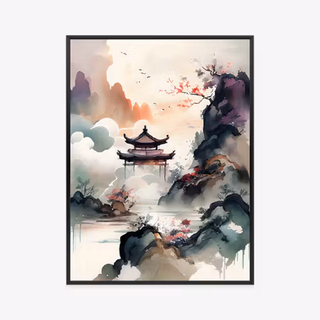 Poster med ram - Watercolor landscape in japanese