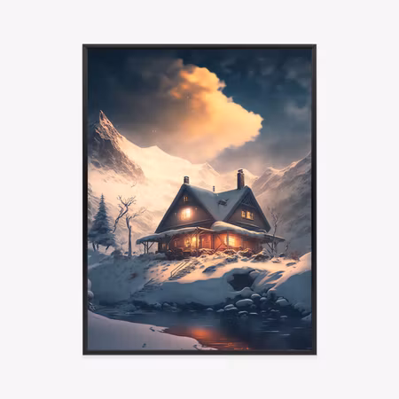 Poster med ram - Winter landscape wooden cottage