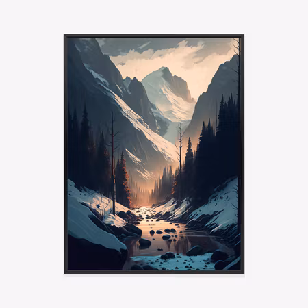 Poster med ram - River in a mountain valley winter