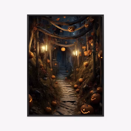 Poster med ram - Autumn forest and pumpkins