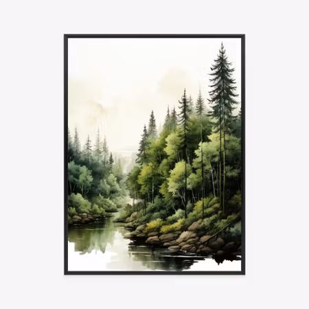 Poster med ram - Green forest watercolor landscape