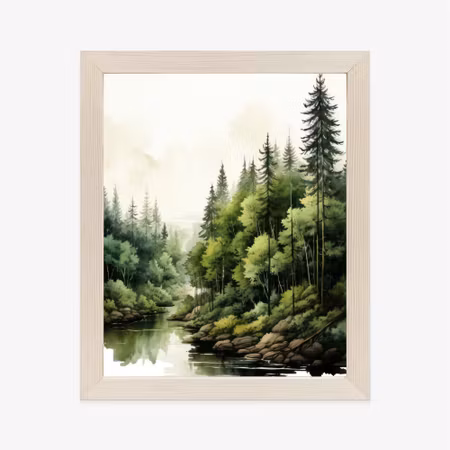 Poster med ram - Green forest watercolor landscape