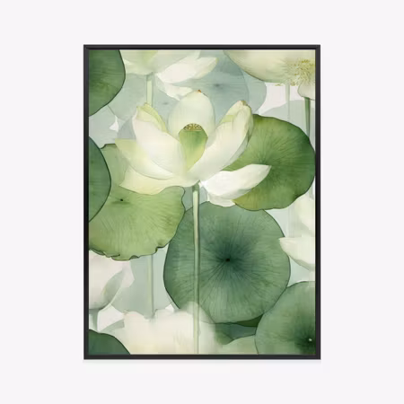 Poster med ram - White lotus flower and green