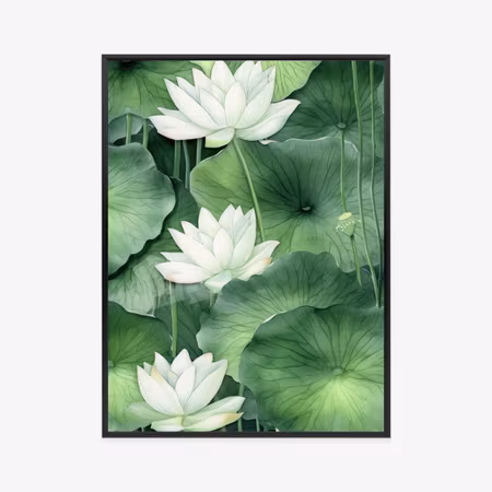 Poster med ram - Lotus flower among green leaves