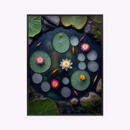 Poster med ram - Pond of water lilies and fish
