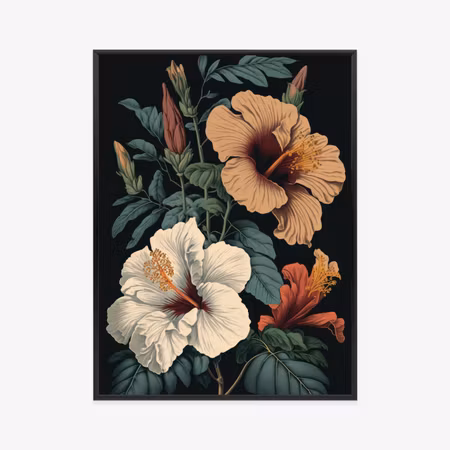 Poster med ram - Hibiscus flowers and green leaves