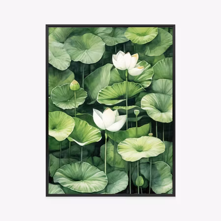 Poster med ram - White flowers among green lotus